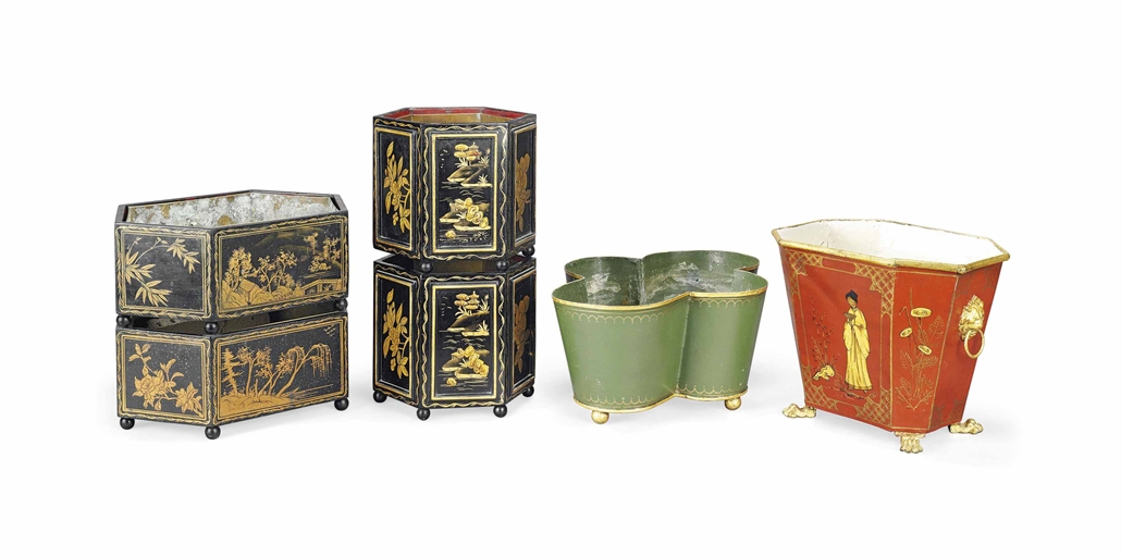 A GROUP OF PARCEL-GILT JAPANNED PLANTERS AND A WASTE PAPER BIN 
19TH/EARLY 20TH CENTURY 
Comprising: