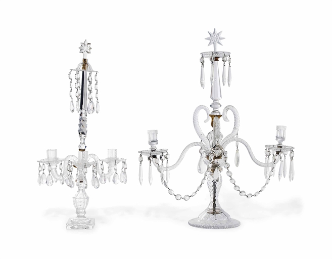 TWO GEORGE III CUT-GLASS CANDELABRA 
19TH CENTURY 
Each with domed base and baluster stem surmounted