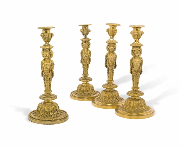 TWO PAIRS OF ORMOLU CANDLESTICKS 
19TH CENTURY, AFTER THE MODEL BY FRANCOIS REMOND TO A DESIGN BY