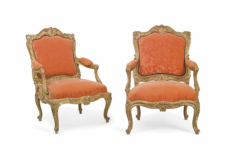 A PAIR OF LOUIS XV-STYLE GILTWOOD FAUTEUILS 
ONE CHAIR EARLY 19TH CENTURY, THE OTHER LATE 19TH/EARLY