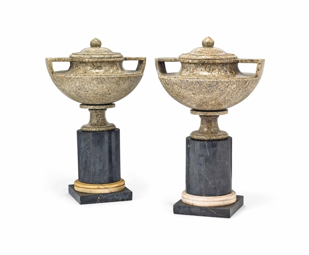 A PAIR OF ITALIAN LUMACHELLA MARBLE LIDDED TAZZE 
MID-19TH CENTURY 
Each on a marble pedestal 
14½