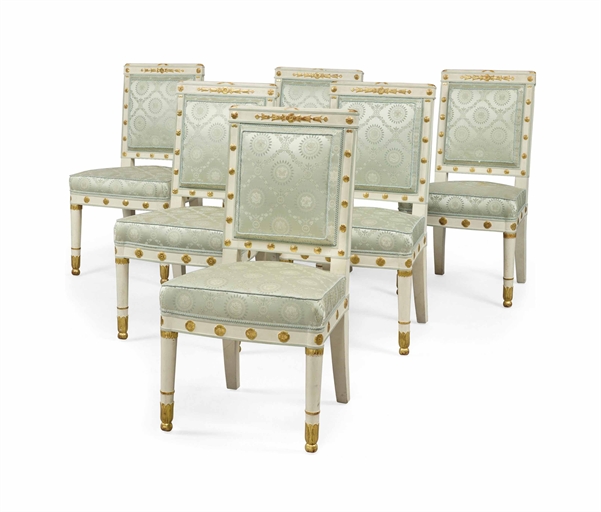 A SET OF SIX EMPIRE WHITE-PAINTED PARCEL-GILT CHAISES 
ATTRIBUTED TO PIERRE-ANTOINE BELLANGE,