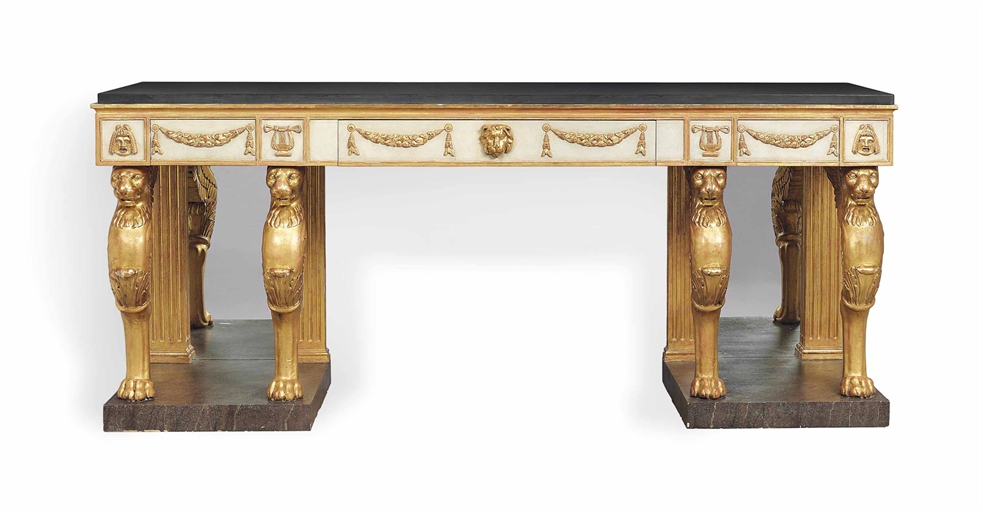 AN EMPIRE-STYLE CELADON-PAINTED AND PARCEL-GILT LARGE SERVING-TABLE 
LATE 20TH CENTURY 
The slate