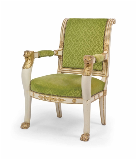 A NORTH EUROPEAN EMPIRE PARCEL-GILT AND WHITE-PAINTED FAUTEUIL 
EARLY 19TH CENTURY 
With a