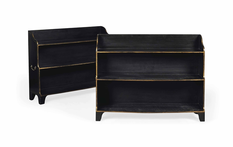 A PAIR OF REGENCY-STYLE BLACK-JAPANNED LOW BOOKCASES 
MODERN 
With brass side handles 
36¼ in. (92