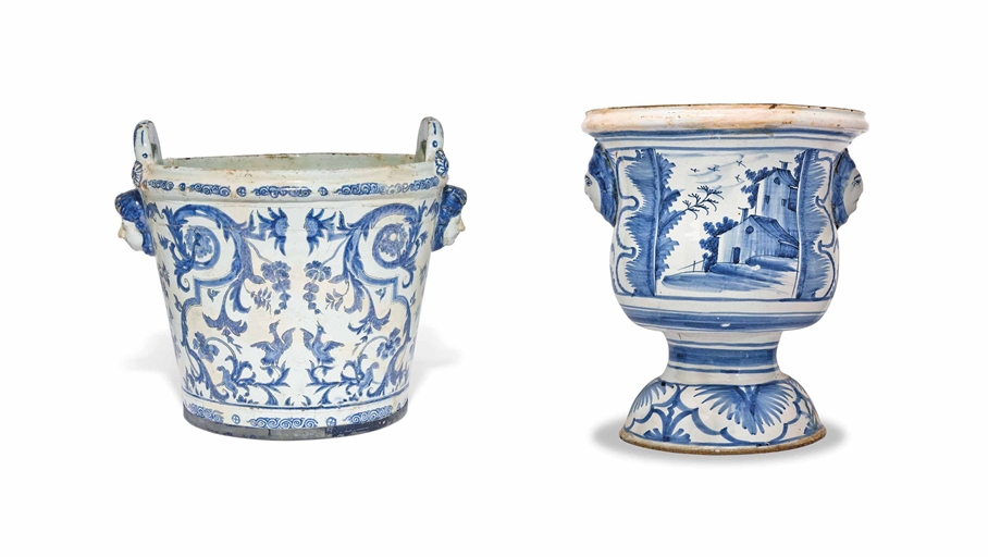 TWO EUROPEAN FAIENCE BLUE AND WHITE JARDINIERES 
LATE 18TH CENTURY 
Including: one Baltic waisted