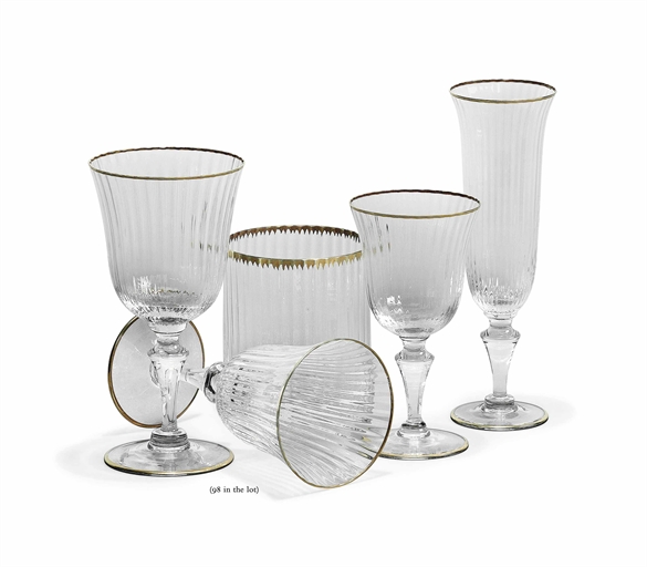 A MURANO PART SUITE OF GILT GLASSWARE 
20TH CENTURY, ETCHED MARKS 
With ribbed bowls and gilt