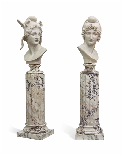 A PAIR OF STATUARY MARBLE BUSTS OF PERSEUS AND PARIS 
19TH CENTURY, AFTER ANTONIO CANOVA 
Each on