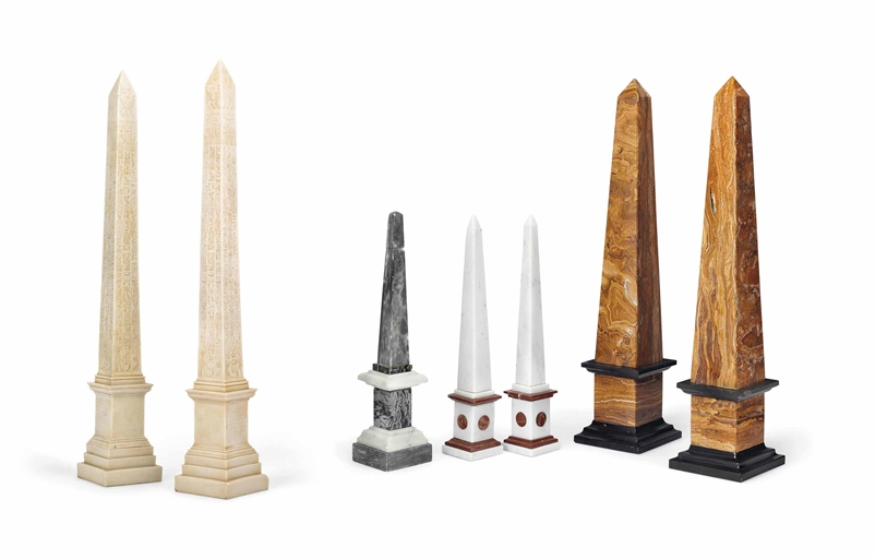 A COLLECTION OF SEVEN ORNAMENTAL OBELISKS 
LATE 19TH CENTURY AND LATER 
Including a French bleu-