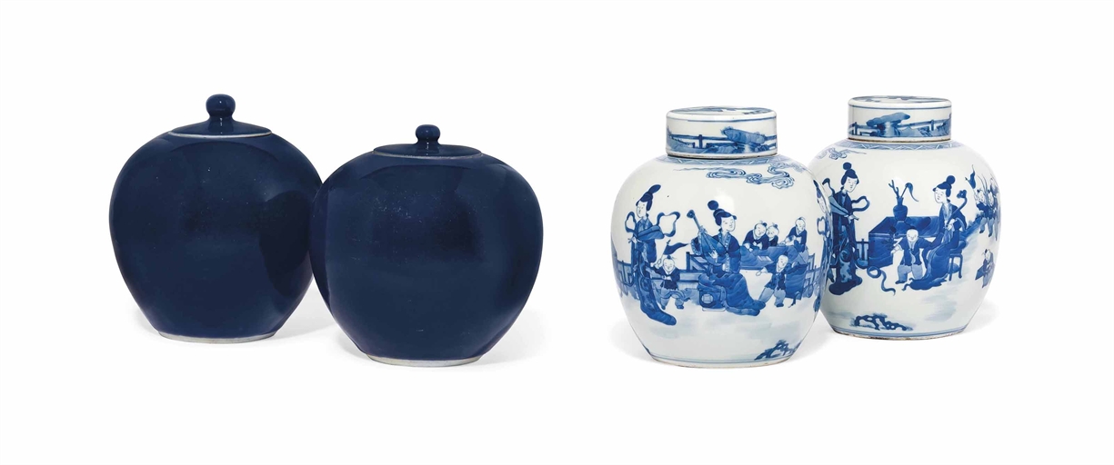 A PAIR OF CHINESE BLUE AND WHITE PORCELAIN OVOID JARS 
MODERN 
Together with a pair of Chinese