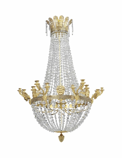 AN EMPIRE-STYLE ORMOLU AND CUT-GLASS CHANDELIER 
MODERN 
The foliate corona hung with elongated