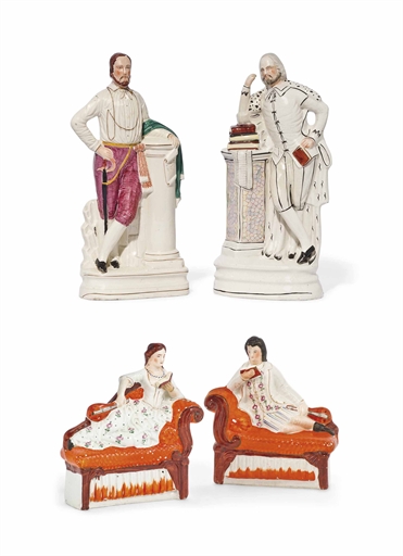 A PAIR OF STAFFORDSHIRE POTTERY FIGURES OF GIUSEPPE GARIBALDI AND WILLIAM SHAKESPEARE AND A PAIR