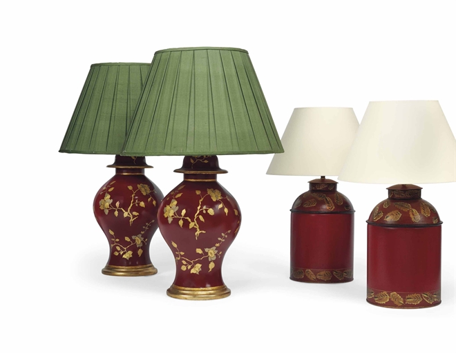 A PAIR OF MODERN PARCEL-GILT AND RED-PAINTED TABLE LAMPS 
Together with a pair of red tôle tea