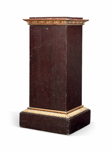 A SWEDISH PARCEL-GILT AND SIMULATED PORPHYRY PEDESTAL CABINET 
LATE 18TH CENTURY 
The painted pine