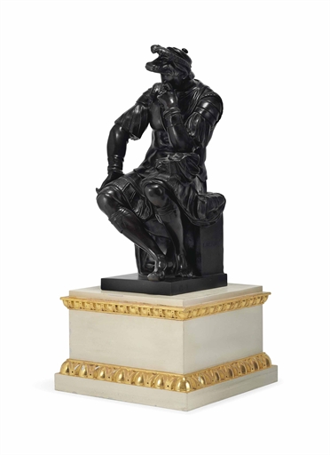 A FRENCH BRONZE FIGURE OF A SEATED WARRIOR 
CAST AFTER EUGENE AIZELIN FROM THE MODEL BY