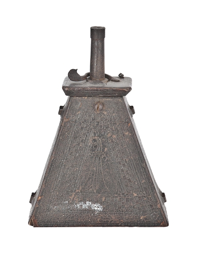 A GERMAN TRIANGULAR LEATHER-COVERED MUSKETEER'S POWDER-FLASK
EARLY 17TH CENTURY 
With leather-