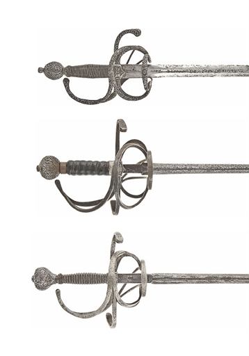 TWO COMPOSITE SWEPT-HILT RAPIERS & A DECORATIVE SWEPT-HILT RAPIER 
17TH CENTURY AND LATER 
The first