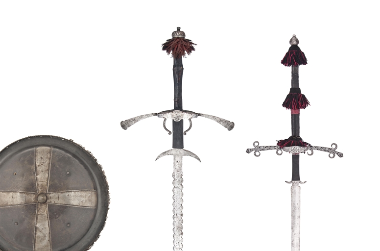 A BRACE OF TWO-HAND PROCESSIONAL SWORDS
IN GERMAN 16TH CENTURY STYLE 
The first each with broad