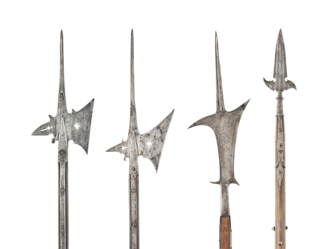 TWO HALBERDS 
PROBABLY GERMAN, 16TH CENTURY 
Each with stout central spike of stiff diamond section,