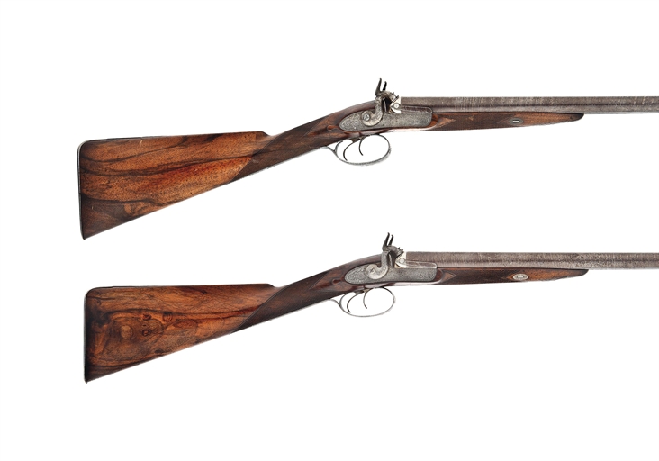 A PAIR OF 16-BORE DOUBLE-BARRELLED PERCUSSION SPORTING GUNS 
BY CHARLES LANCASTER, 151 NEW BOND ST.,