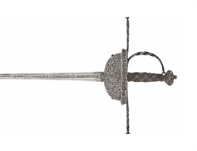 AN ORNATE CUP-HILT RAPIER WITH PIERCED GUARD 
PROBABLY SPANISH, IN 17TH CENTURY STYLE 
With