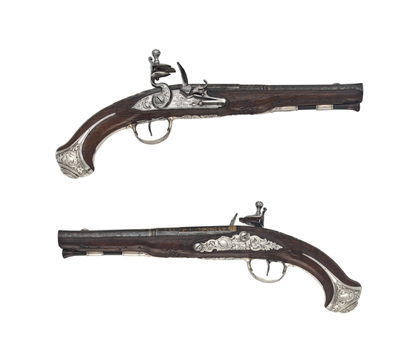 A FINE PAIR OF FRENCH 20-BORE SILVER-MOUNTED FLINTLOCK PISTOLS BEARING THE SYMBOL OF THE DAUPHIN