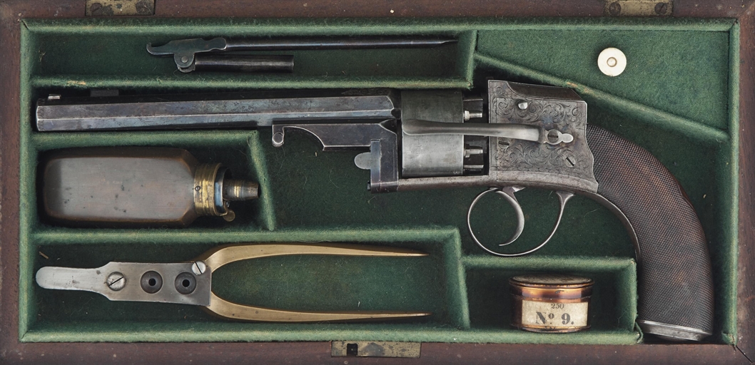 A VERY RARE CASED 50-BORE PENNELL PATENT 'HAMMERLESS'  SIX-SHOT SELF-COCKING PERCUSSION REVOLVER