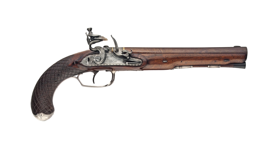 A 16-BORE SILVER-MOUNTED FLINTLOCK OFFICER'S PISTOL 
BY DURS EGG, LONDON, LONDON SILVER HALLMARKS