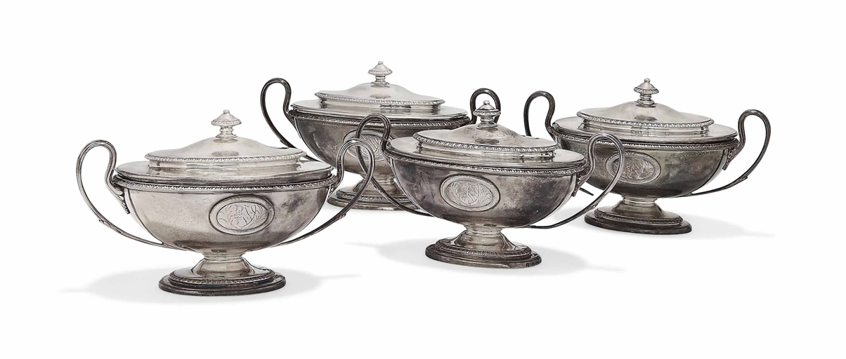 A SET OF FOUR GEORGE III SILVER SAUCE TUREENS AND COVERS 
MARK OF DANIEL SMITH & ROBERT SHARP,