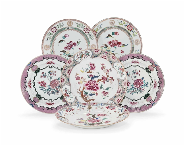 THREE PAIRS OF LARGE CHINESE FAMILLE ROSE DISHES 
YONGZHENG PERIOD (1723-35) 
Comprising a pair