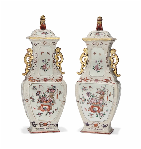 A PAIR OF CHINESE FAMILLE ROSE SQUARE-SHAPED BALUSTER VASES AND COVERS 
QIANLONG PERIOD (1736-95)