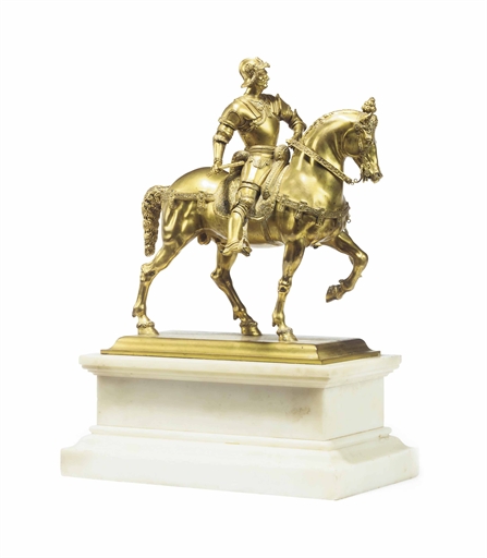 AN ITALIAN GILT-BRONZE MODEL OF THE COLLEONI MONUMENT 
LATE 19TH CENTURY, AFTER ANDREA VERROCHIO AND