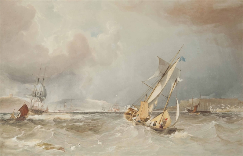 Anthony Vandyke Copley Fielding, P.O.W.S. (1778-1855) 
Shipping in a stiff breeze in Plymouth Sound