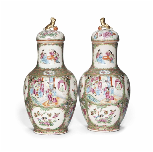 A PAIR OF CANTONESE FAMILLE ROSE BALUSTER VASES AND COVERS 
19TH CENTURY 
Each decorated in gilt and