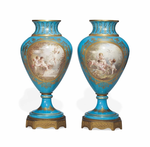 A PAIR OF SEVRES-STYLE GILT-METAL-MOUNTED BLEU-CELESTE-GROUND VASES 
LATE 19TH CENTURY 
OVIFORM