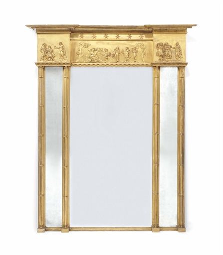 A VICTORIAN GILTWOOD OVERMANTEL MIRROR 
OF REGENCY STYLE, 19TH CENTURY 
The frieze applied with a