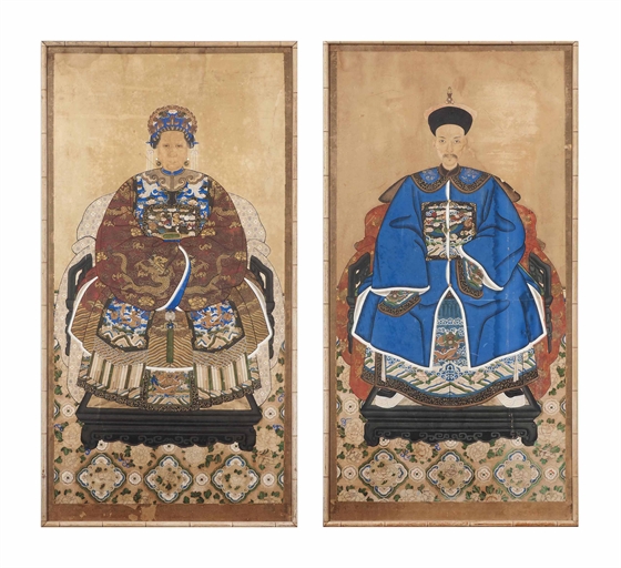 TWO CHINESE ANCESTOR PAINTINGS OF A COURT LADY AND GENTLEMAN 
20TH CENTURY 
Decorated in various