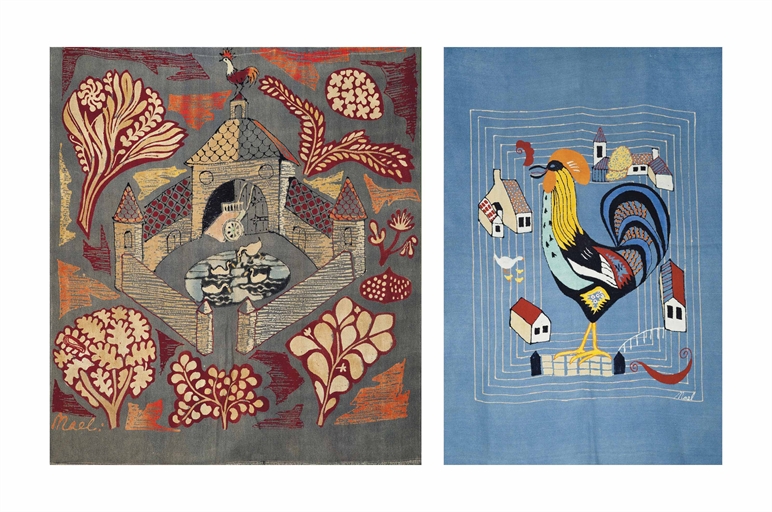 TWO MICHAEL O'CONNELL (1898-1976) WALL HANGINGS 
CIRCA 1950 
Paste-resist wool and rayon, printed