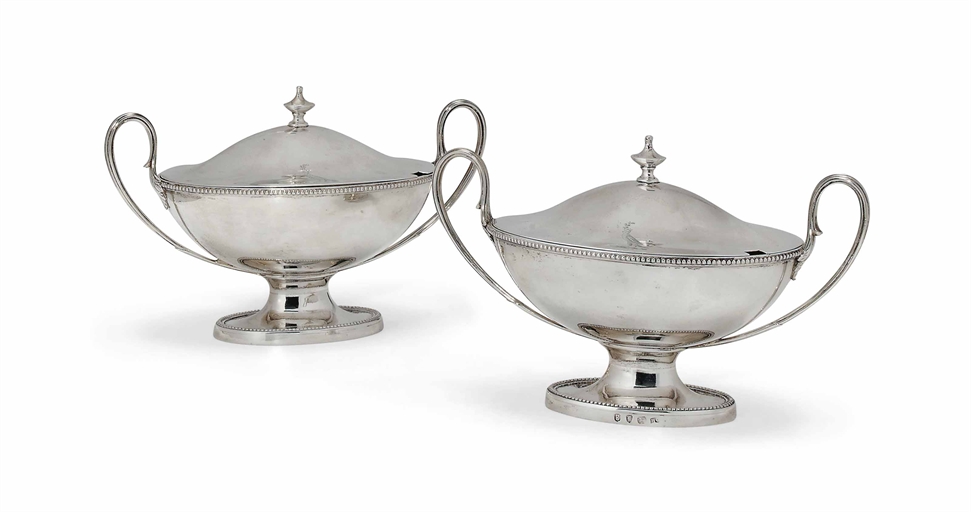 A PAIR OF GEORGE III SILVER SAUCE TUREENS AND COVERS 
MARK OF HENRY GREENWAY, LONDON, 1782 
Oval
