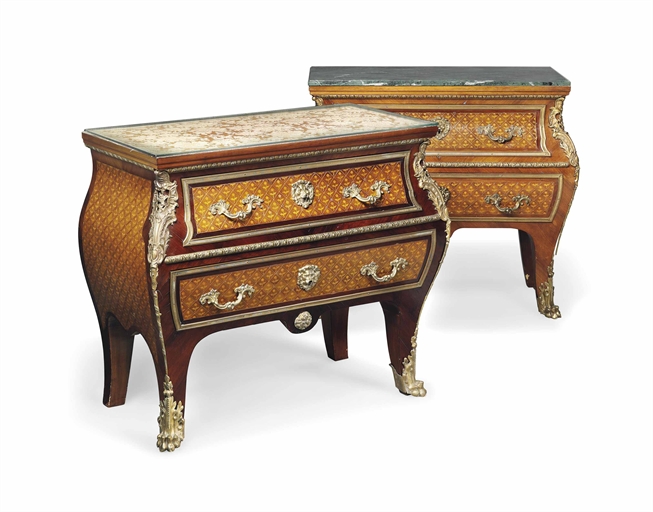 ONE FRENCH GILT-METAL MOUNTED KINGWOOD AND BOIS SATINE MARQUETRY COMMODES
LATE 19TH CENTURY 
Each