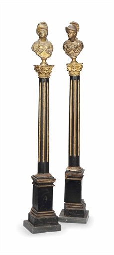 TWO ITALIAN BRONZE BUSTS OF MINERVA 
PROBABLY 18TH CENTURY 
Set on later associated carved