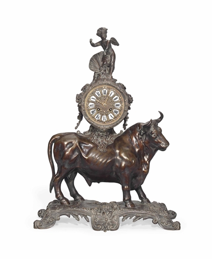 A FRENCH BRONZE STRIKING MANTEL CLOCK 
OF LOUIS XV STYLE, PARIS, MID-19TH CENTURY 
The drum-shaped