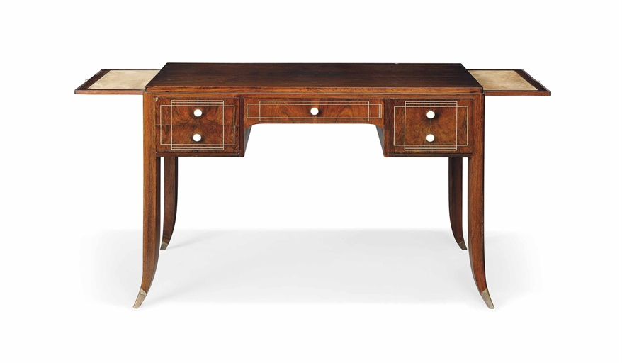 A FRENCH MACASSAR AND IVORY WRITING DESK (ADAPTED), IN THE STYLE OF RUHLMANN
CIRCA 1930 
Four