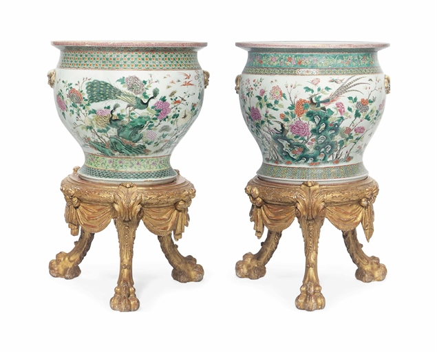 TWO MASSIVE CHINESE PORCELAIN FAMILLE ROSE JARDINIERES ON CARVED GILTWOOD STANDS
GUANGXU PERIOD (