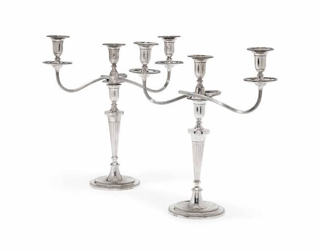 A PAIR OF EDWARDIAN SILVER THREE-LIGHT CANDELABRA IN THE GEORGE III STYLE OF JOHN SCOFIELD
MARK OF