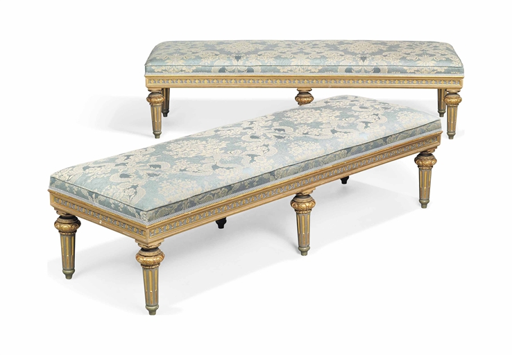 A PAIR OF ITALIAN PARCEL-GILT, BLUE AND GREY DECORATED LONG STOOLS 
OF EMPIRE STYLE, THIRD QUARTER