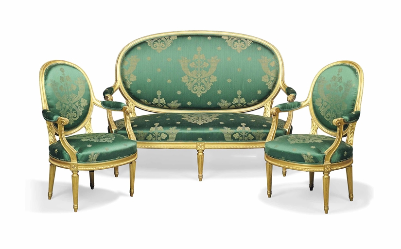 A FRENCH GILTWOOD THREE PIECE SALON SUITE 
OF LOUIS XVI STYLE, LATE 19TH CENTURY 
Comprising: a