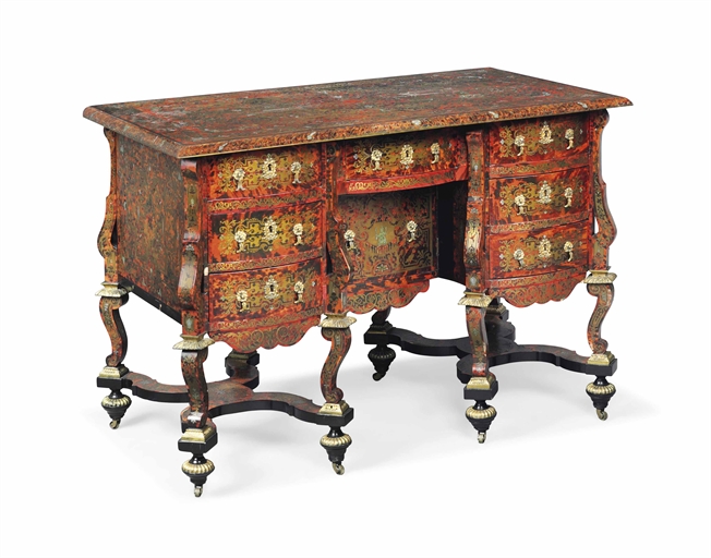 A FRENCH GILT-METAL MOUNTED BRASS AND TORTOISESHELL 'BOULLE' MARQUETRY AND EBONISED BUREAU MAZARIN