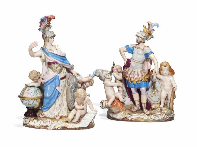 A PAIR OF MEISSEN FIGURE GROUPS EMBLEMATIC OF WAR AND WISDOM 
CIRCA 1870, BLUE CROSSED SWORDS MARKS,