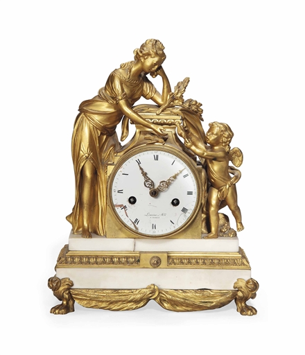 A LOUIS XVI GILT-BRONZE AND WHITE-MARBLE MANTEL CLOCK 
LATE 18TH  EARLY 19TH CENTURY 
The case